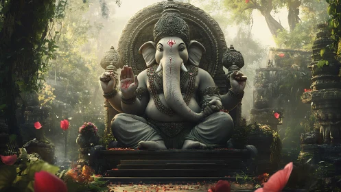 Serene elephant sage in mossy temple glow of dawn.