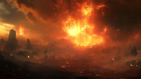 Apocalyptic explosion erupts across desolate alien terrain.