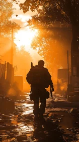 Soldier silhouette in orange backlit urban alley at sunrise.