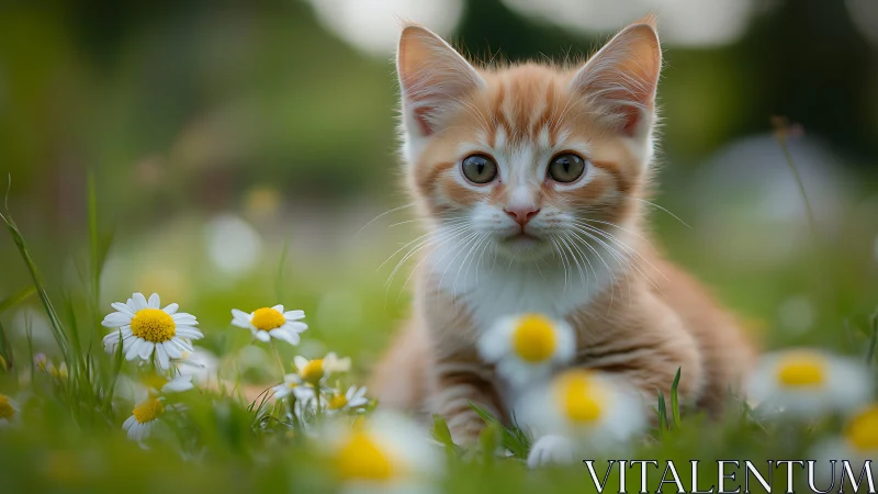 Orange and white kitten in spring grass with white daisies.