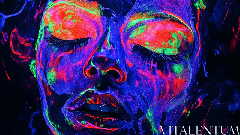 Neon drenched portrait with closed eyes under blacklight glow.