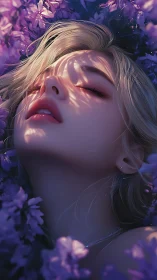 Digital portrait shows female face framed by purple flowers