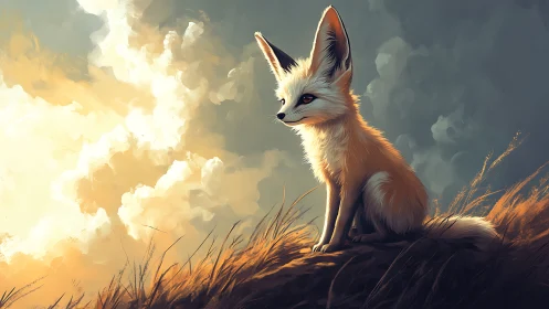 Small fox on grassy ridge under dense illuminated clouds.