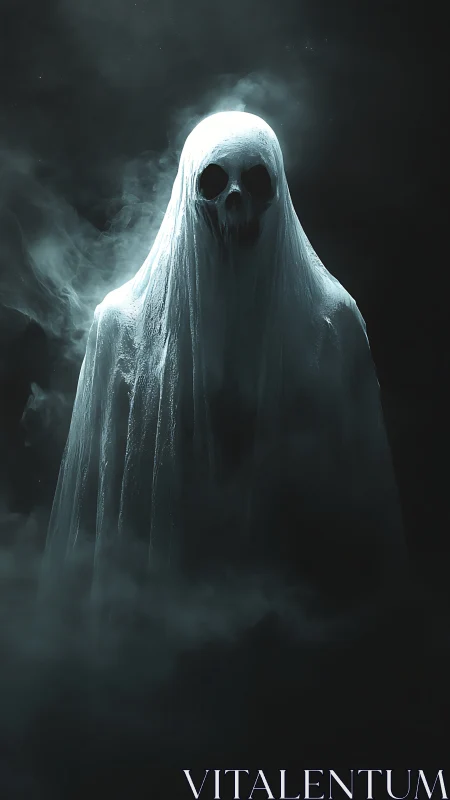 Shrouded skeletal figure in mist against dark background.