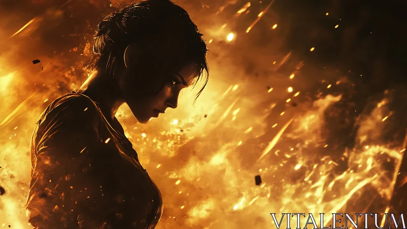 Figure Silhouetted Against Inferno of Golden Flames