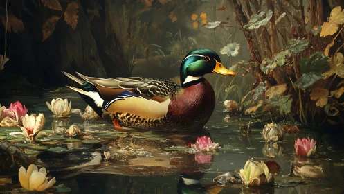 Mallard duck in calm lily pond with detailed foliage.
