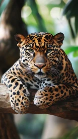 Leopard rests on tree branch with frontal, centered view