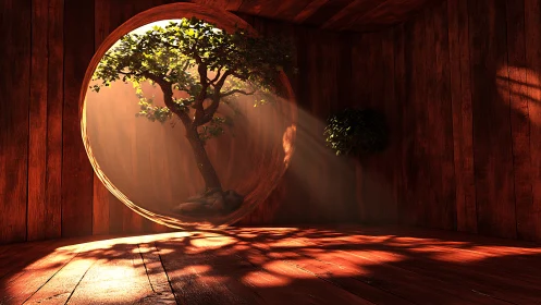 Sunlit indoor tree gently brightens a warm wooden room