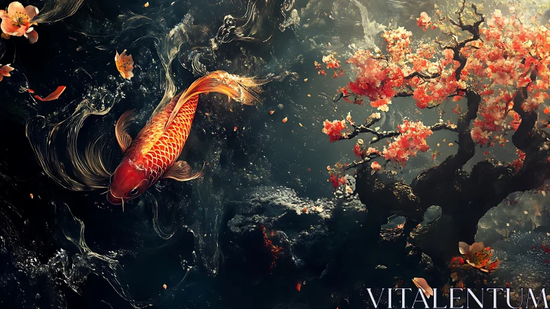 Golden koi swims beside blooming cherry tree in dark water