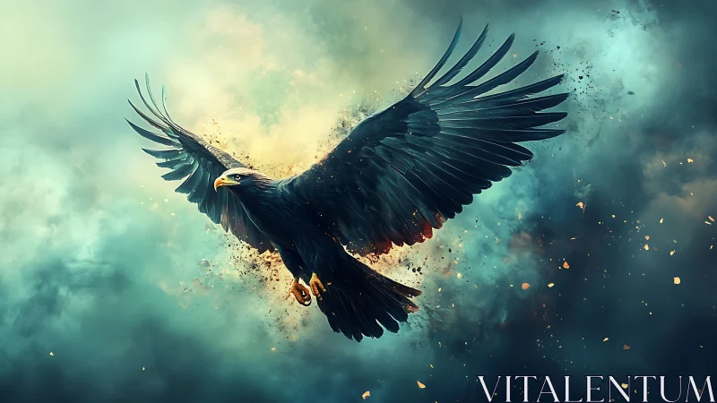 Majestic eagle soaring through dramatic clouds, digital art style.