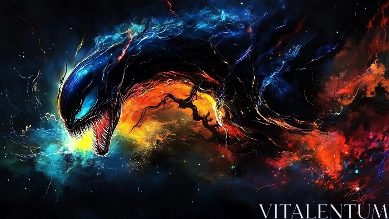 Cosmic void serpent erupts through nebular firestorm.