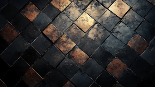 Metallic geometric tiles with golden patina highlights.