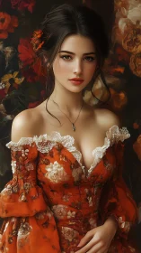 Floral muse in ember silk, poised in a painterly glow.