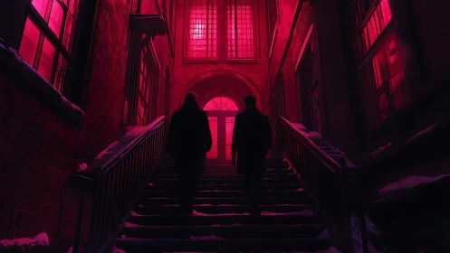 Two figures on snow-covered urban stairway in red light.