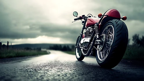 Stormy highway welcomes a bold red motorcycle to the road