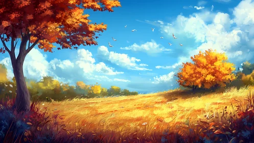 Golden autumn field stretches under vivid blue sky