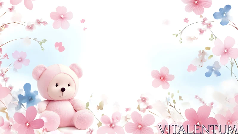 Pink teddy bear sits amid soft pastel spring blossoms