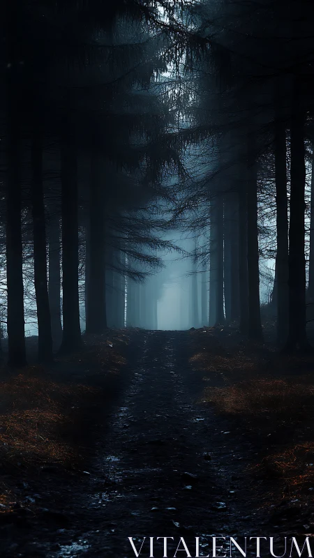 Misty Forest Path Through Towering Conifers.