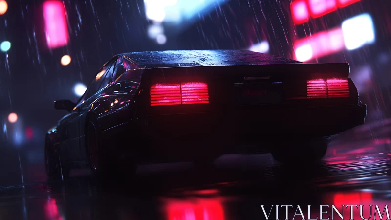 Neon-lit rain-soaked sports coupe rear view in cyberpunk alley