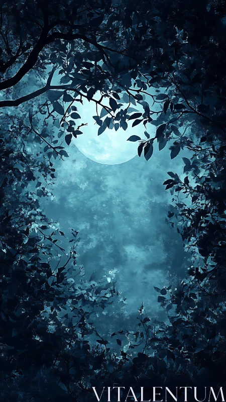 Moonlit forest canopy frames luminous midnight sky.