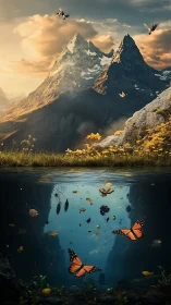 Mountain dreamscape with hidden underwater butterfly world.