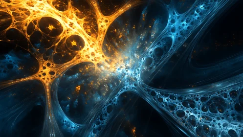 Fractal plasma lattice with intersecting blue and gold networks.