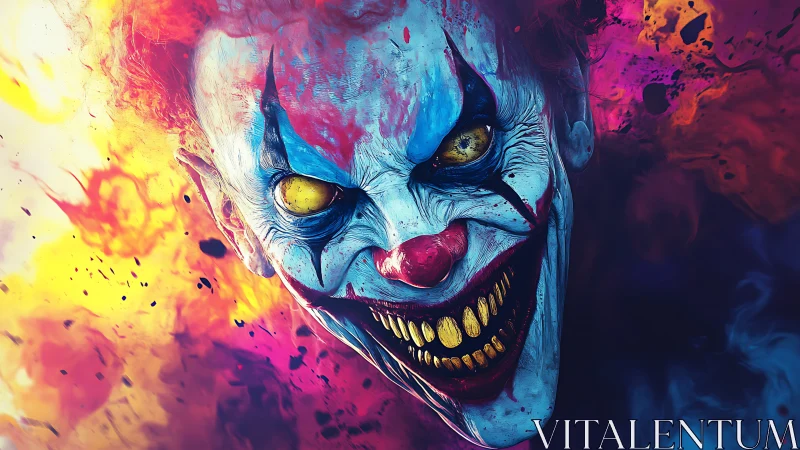 Sinister clown face grins amid explosive neon flames