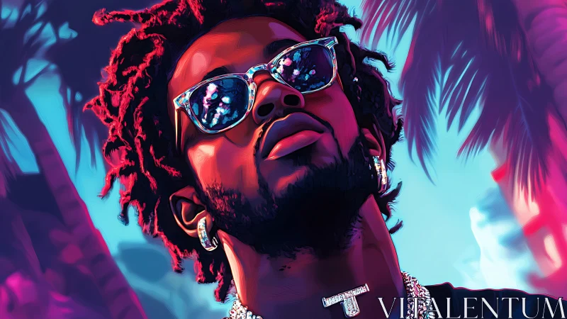 Neon-lit urban portrait radiates cool confidence at sunset