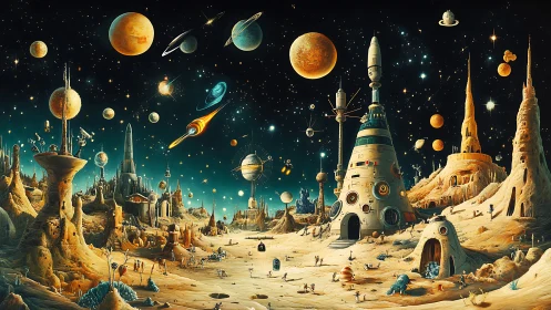 Surreal alien city thrives beneath swirling, luminous planets