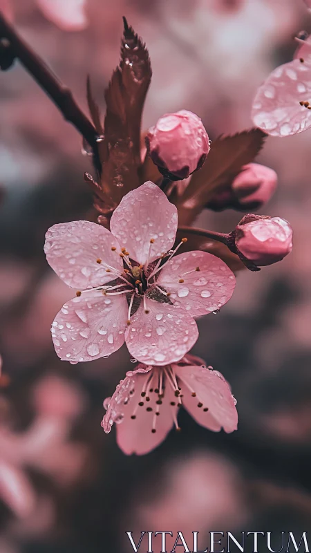 Delicate pink blossoms adorned with rain droplets in soft focus