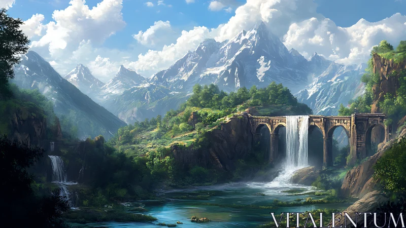 Stone bridge and waterfall in expansive mountain valley.