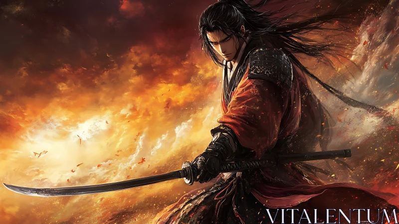 Samurai swordsman in red robe against burning sky backdrop.