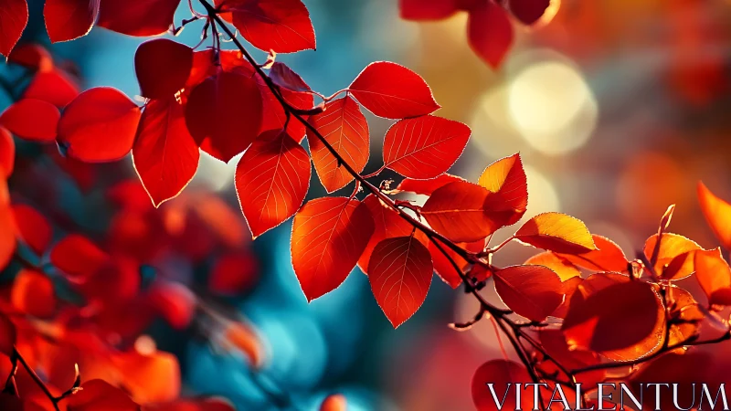 Scarlet autumn leaves glowing against soft bokeh light.