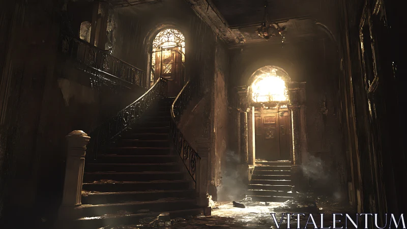 Decaying baroque staircase hall with volumetric sunlight glow