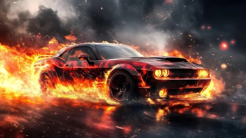 Inferno-charged muscle car blazing through neon storm.
