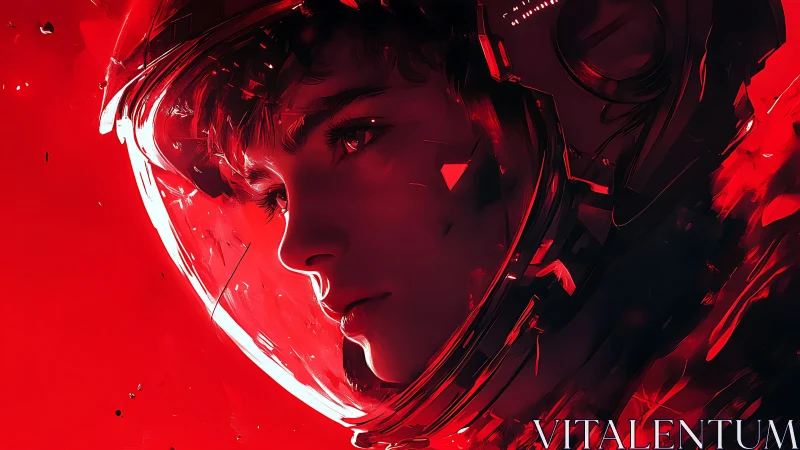 Crimson-lit astronaut portrait with reflective visor glow.