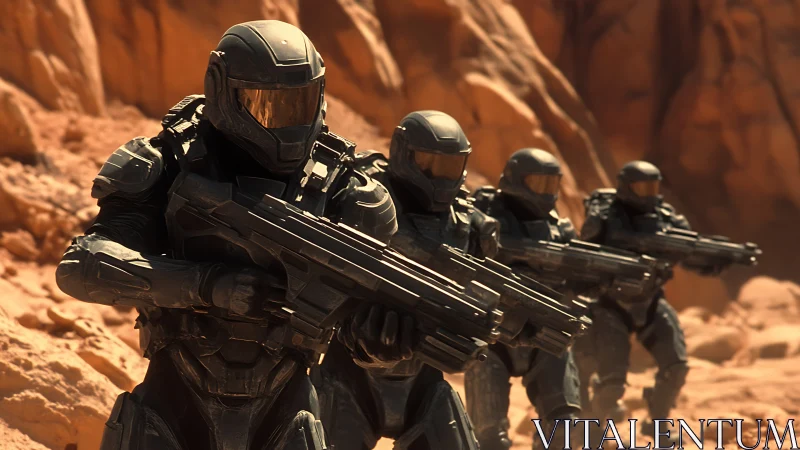 3D tactical squad formation in armored exosuits on desert frontlines.