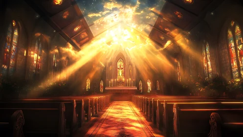 Sunlit cathedral aisle melts into a river of glowing prayer