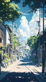 Quiet summer alley in sunlit Japanese residential district