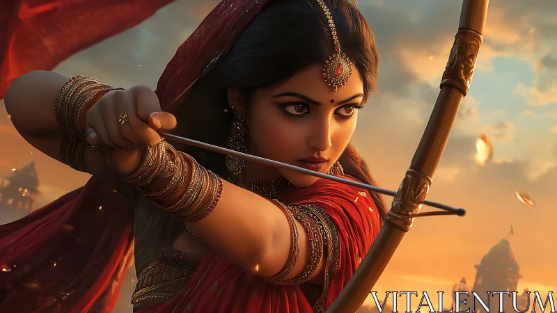 Warrior archer in red sari poised against burning sunset sky.