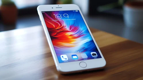 White iPhone displaying vibrant gradient wallpaper at 13:59 on wooden surface.