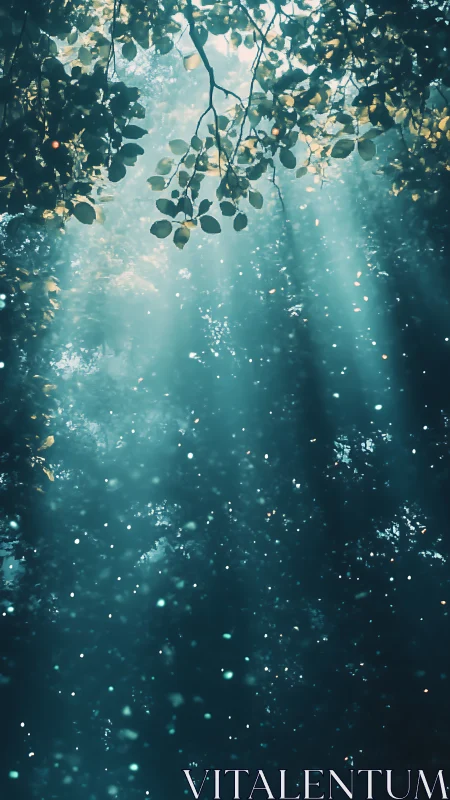 Volumetric sunlight penetrates dense forest canopy haze