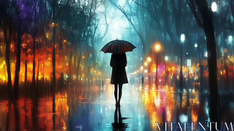 Backlit umbrella figure in chromatic urban rain corridor.