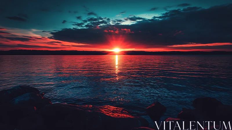 Crimson horizon sunset over tranquil rocky shoreline seascape.