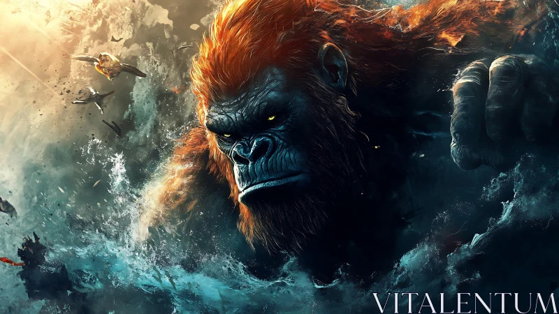 Storm-forged titan gorilla tears through a roaring ocean sky