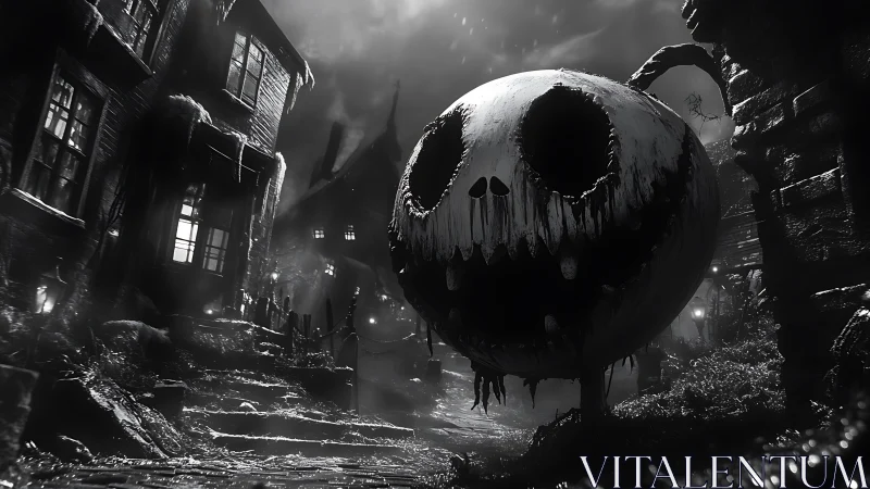 Grinning pumpkin moon looming over decayed Gothic alleyway.