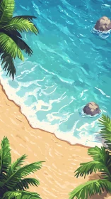 Aerial Coastal Scene: Turquoise Waters, Sandy Beach with Tropical Fronds