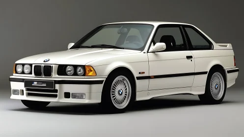 White BMW E36 coupe studio profile with neutral backdrop.