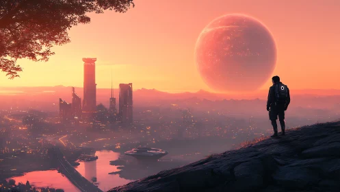 Lone wanderer greeting a neon dawn beneath colossal planet.