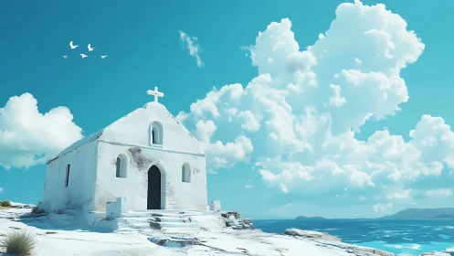 White seaside chapel on rocky coastal terrain under bright sky.